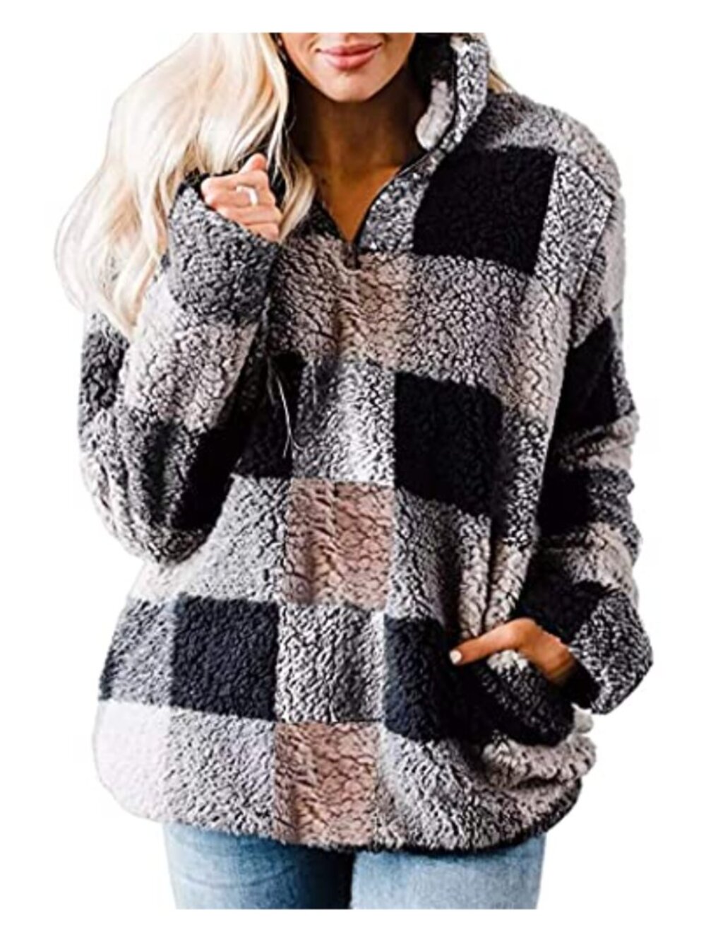 Plaid Sherpa Fleece Quarter Zip Sweatshirt Long Sleeve Pockets Women's